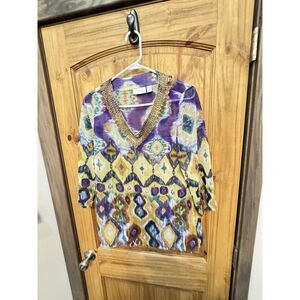 Chico's‎ Women's Bohemian Patterned Sheer Tunic Blouse Metal Embroidered Size 0